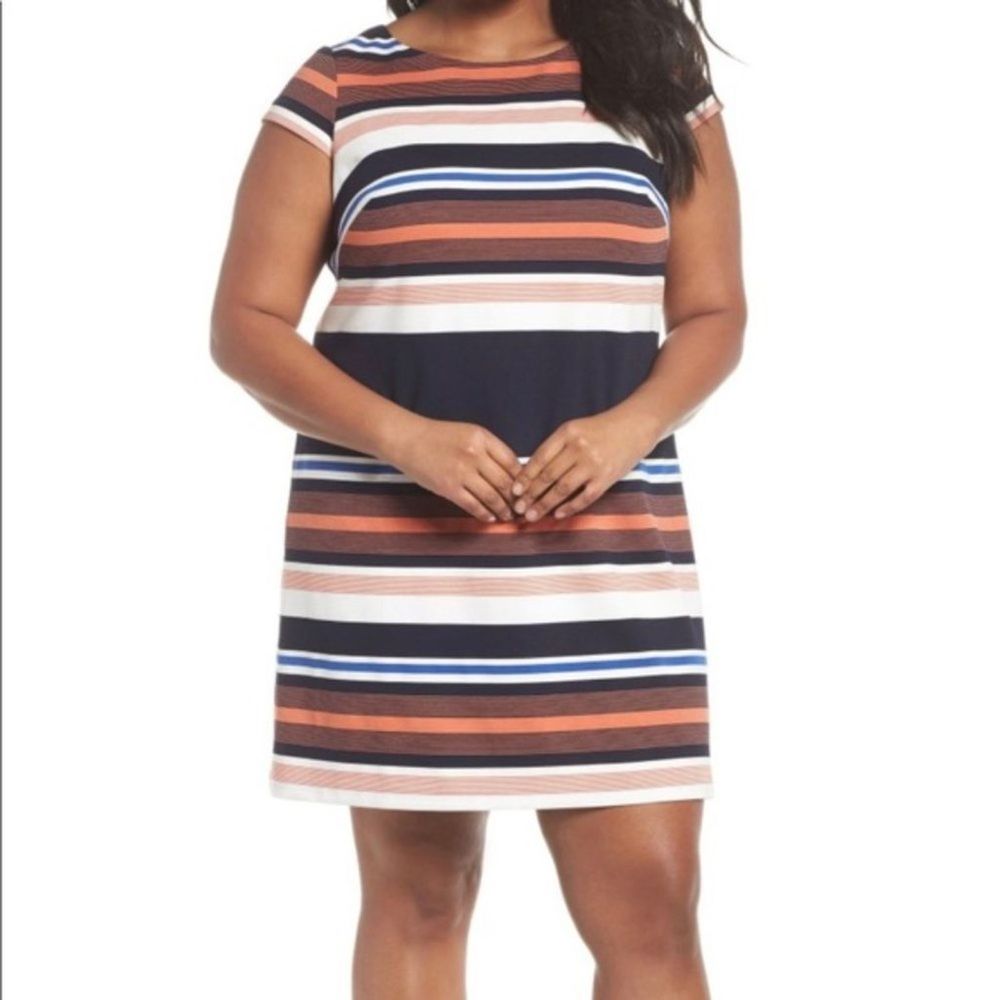 ADRIANNA PAPELL Cap Sleeve Striped Shirt Dress
